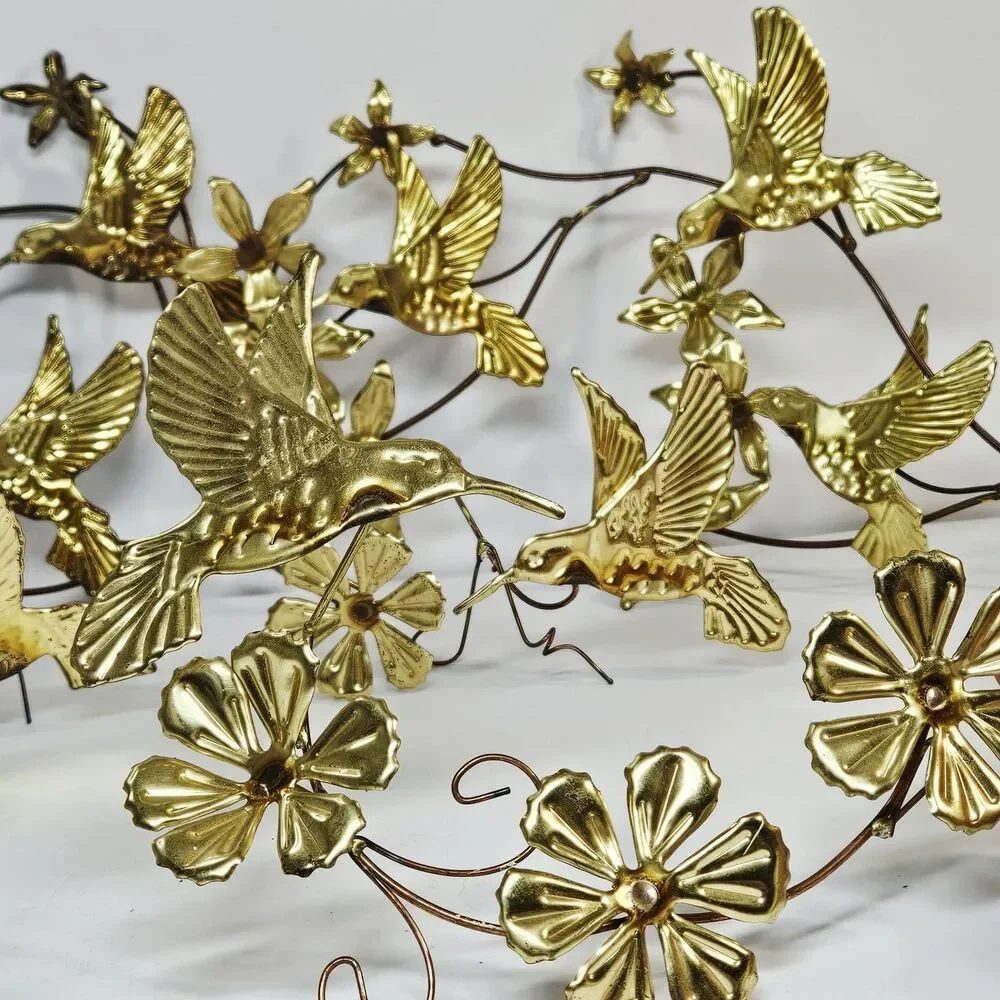 Vtg Set 6 Pcs Home Wall Interior Brass 3D Metal Hummingbirds Flowers Homco Decor